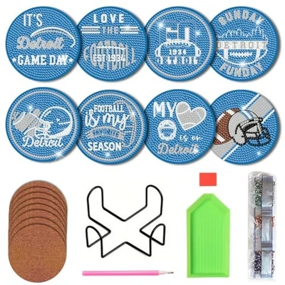  8 Pcs Diamond Painting Coaster Kits, DIY Football Diamond Art Coasters For Det - Image 1 of 4
