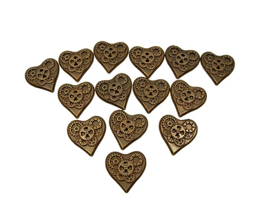 Gold Gear Hearts 1 1/8 inches 2-Hole Buttons x 14 Pieces Steampunk Plastic B57 - Image 1 of 4