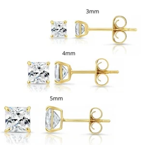 3er Set! 14K Echt Massiv Gold Princess-Schliff CZ Ohrstecker Push-Back 3mm4mm5mm - Bild 1 von 14