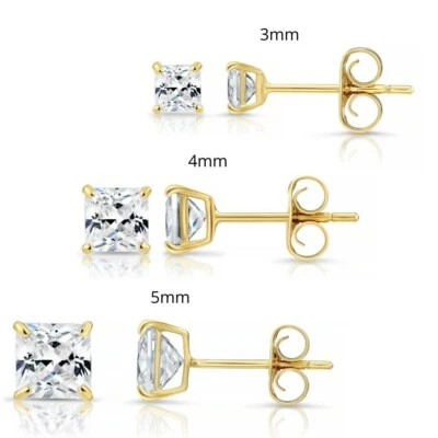 Set of 3! 14K Real Solid Gold Princess-Cut CZ Studs Earrings Push-back 3mm4mm5mm - Image 1 of 4