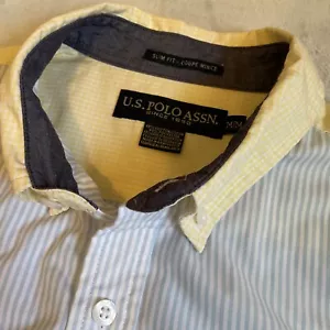 U.S. Polo Assn Shirt Mens Size Med Blue Striped Accent Collar Short Sleeve - Picture 1 of 8