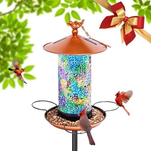 Mosaic Glass Solar Bird Feeder with Sturdy Metal Pole - Captivating Garden Gift - Picture 1 of 9