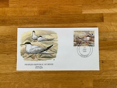 BENIN 1989 FDCFLEETWOOD AUDUBON ПТИЦЫ РОЗОВАЯ КРАЧКА 01 - Изображение 1 из 2