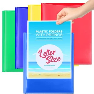Plastic Folders with Clear Front Pocket 4 Pack Folders with Pockets and Prong... - Picture 1 of 9