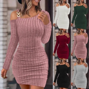 Women Sexy Cold Shoulder Mini Dress Winter Ribbed Evening Party Cocktail Bodycon - Picture 1 of 19