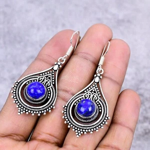 Lapis Lazuli Gemstone Handmade 925 Sterling Silver Jewelry Earring Gift Birthday - Picture 1 of 6