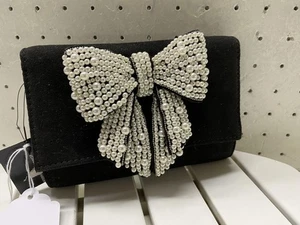 Womens Black Faux Suede Beaded Pearl Bow Clutch Evening Bag Chain Strap Purse - Picture 1 of 8