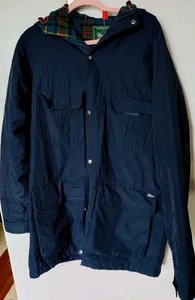 Woolrich Hooded Field Jacket Plaid Lined Men's Large Utility Navy Tartan Zip Up - Picture 1 of 9