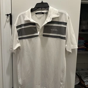 Travis Mathew Mens Performance Golf Polo Shirt Large White Striped Short Sleeve - Picture 1 of 5
