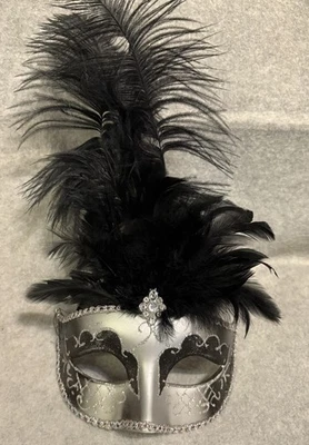 Luxury Silver Black Masquerade Mask Feathers Rhinestone Costume Party Venetian - Image 1 of 4