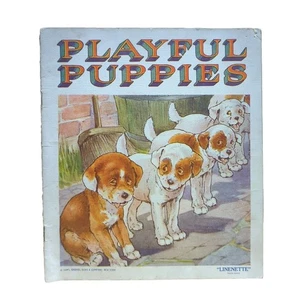 Playful Puppies 1940s Sam'l Gabriel Sons No 442 Vintage Dog Kids Linenette Books - Imagen 1 de 4