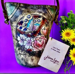 JANE YOO Vintage 80’s Hand Painted Leather Crossbody Bag Butterfly Signed New - Picture 1 of 18