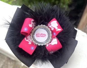 Black And Pink Barbie Hair Bow With Feathers And Bottle Cap - Picture 1 of 4
