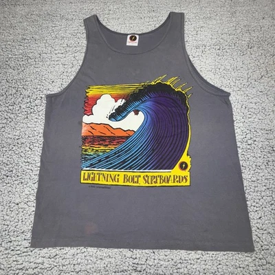 Camiseta sin mangas de colección años 80 LIGHTNING BOLT SURFBOARD CO XL manchas blanqueadoras envejecidas Foto 1 de 4