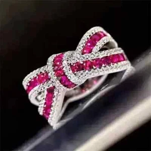 14K White Gold Plated 3Ct Round Cut Lab Created Red Ruby Women's Band Ring - Picture 1 of 1