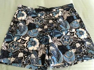 Mens NEW NAUTICA Swim Trunks ~ XXL Hawaiian Print Fabric ~ Blk. Blue & White NWT - Picture 1 of 9
