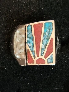 Vintage Turq. & Coral Sun Rays Nickle Silver Men's Rings Size 7.5 Resin Filled - Picture 1 of 3