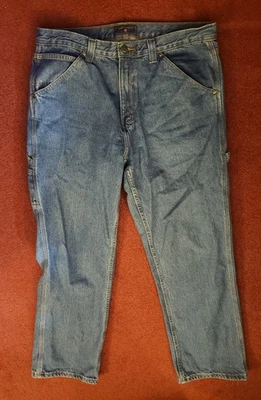 Pantalones de mezclilla Saddlebred Carpenter azul para hombre talla 35" X 32" 7 bolsillos y lazo de martillo Foto 1 de 4