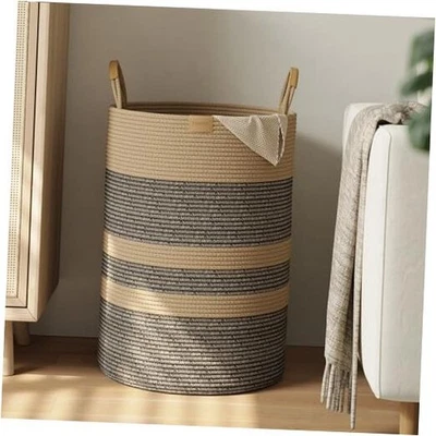 95L Striped Laundry Hamper with Leather Handles,Large 95L/25.1Gal Dark&Brown - Image 1 of 4