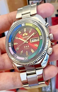 NOS Vintage Orient Three Star Diver Watch Red Sunburst Dial Rotating Inner Bezel - Bild 1 von 7