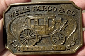 VTG Brass Wells Fargo & Co Since 1852 Employee Belt Buckle UH136 Stamp 1973 - Picture 1 of 8