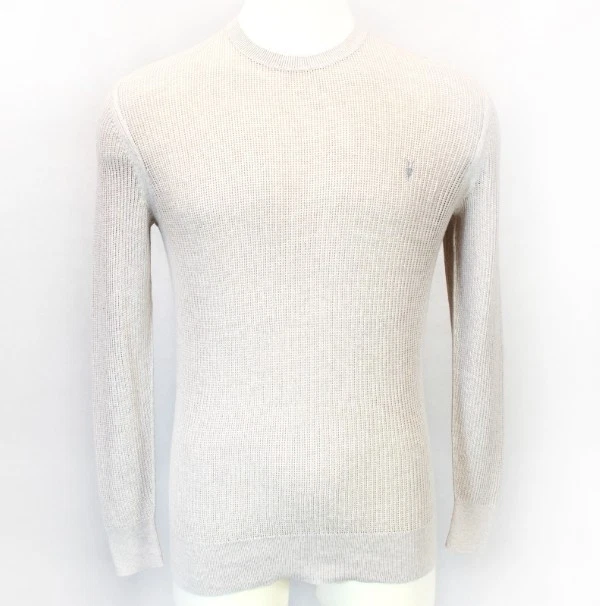 AllSaints Men's Light Grey Spein Waffle Crew Neck Ramskull Sweater Jumper L - Image 1 of 4