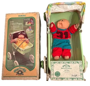 VNTG 1984 COLECO CABBAGE PATCH KIDS PRAM DOLL AND ORIGINAL BOX BIRTH CERTIFICATE - Picture 1 of 15
