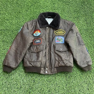 WWII Style Faux Leather Bomber Jacket Pilot Military Patches Youth Large 10/12 - Picture 1 of 20