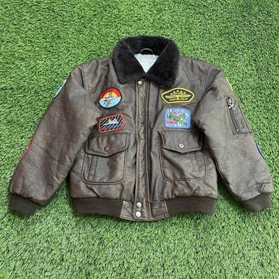 WWII Style Faux Leather Bomber Jacket Pilot Military Patches Youth Large 10/12 - Image 1 of 4