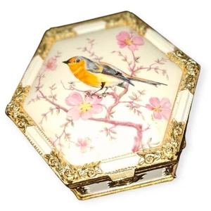 Caja de música vintage blanca esmaltada rosa floral con detalles dorados baratija forro de terciopelo - Imagen 1 de 5