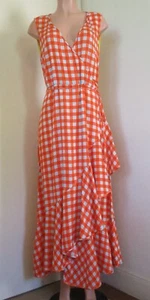 DIANE VON FURSTENBERG SILK ORANGE CHECK FAUX WRAP SLEEVELESS TIE MAXI DRESS, 14 - Picture 1 of 11