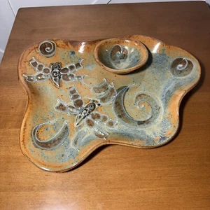 Chip und Dip Platte Steinzeug Keramik Handwerk Libelle Handarbeit Teller - Bild 1 von 8