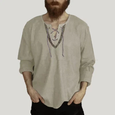 Camisa Prendas para el torso Para Hombre Moda y Suelta Medieval Cuello en V Con Cordones Color Sólido Foto 1 de 4