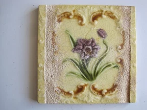 ANTIQUE MOULDED AND MAJOLICA GLAZED PURPLE FLOWER TILE - H. RICHARDS - c1904 - Picture 1 of 7