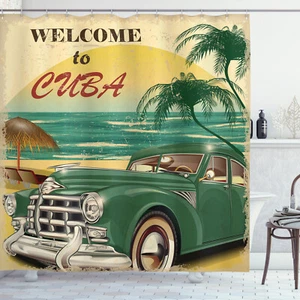 Nostalgic Welcome to Cuba Classic Car Beach and Palm Trees Shower Curtain Set - Picture 1 of 2