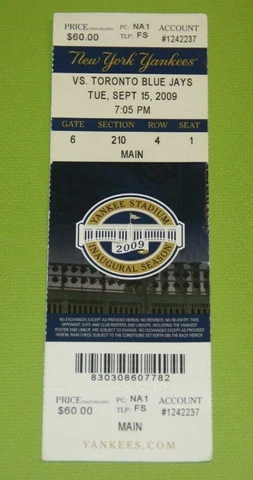 New York Yankees Ticket Stub | September 15 2009 | Roy Halladay Win Cover