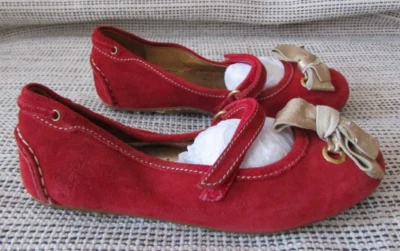 Prada Car Shoe Girl's Mary Jane Flat Red Suede Bow Size 35 EUR - Imagem 1 de 4