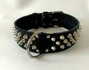 REAL LEATHER SILVER CONE STUDDED/SPIKED DOG COLLAR - 2" WIDE 