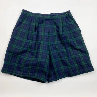 Amana Green Navy Plaid Wool Pleated Vintage High Rise Shorts Size 14 Women - Image 1 of 4