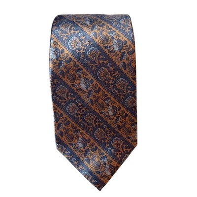Gravata masculina de seda padrão floral vintage Yves Saint Laurent azul e dourada 3,25" de largura - Imagem 1 de 4