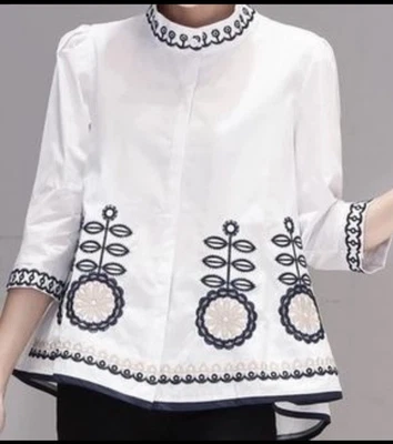 Donna Karan NY Mujer M Camisa Blanca Bordada Floral Botón Manga 3/4 Algodón Foto 1 de 4