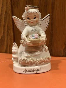 Vintage Napco April Angel Figurine S-1364 Easter Bunny Egg Basket Crazing - Picture 1 of 11
