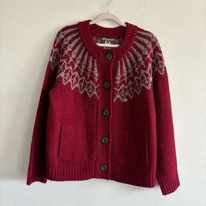 NWT Eddie Bauer Cardigan Sweater Wool-Blend Jacquard Women’s XXL Red Fair Isle - Picture 1 of 6