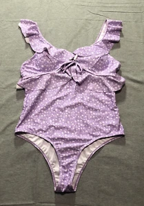 Women's One Piece Swimsuit Large Ditzy Floral Ruffle Beach Vacation Purple - Afbeelding 1 van 9