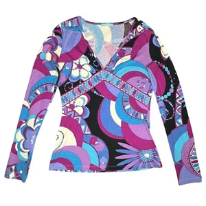 EMILIO PUCCI Vtg Y2K Iconic Patterned Cotton V-Neck Longsleeved Tee Sz IT 42 S M - Picture 1 of 9