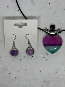 Rainbow Solar Quartz Amethyst Gemstone Heart Pendant Jewelry 925 & Earring Set - Picture 1 of 11