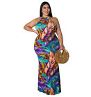 Stylish Plus Size Women Open Back Sleeveless Colorful Print Bodycon Maxi Dress