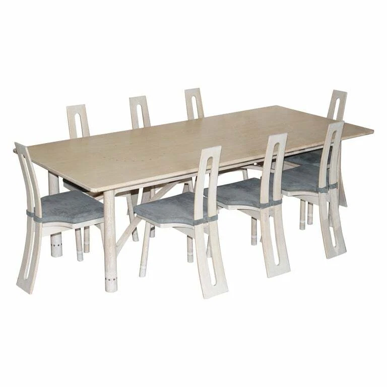 LIMED OAK & PEWTER INLAID DAVID GREGSON ARTS & CRAFTS DINING TABLE & 8 CHAIRS - Image 1 of 4