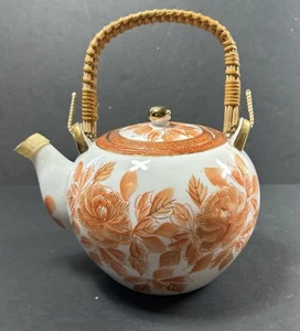 Vintage Japanese Teapot Bamboo Orange Flower Pattern Wicker Wrapped Handle - Picture 1 of 6