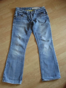 RIVER ISLAND BLUE COTTON BOOTLEG BUTTON FLY DISTRESSED BUTTON DETAIL UK 10S - Picture 1 of 14
